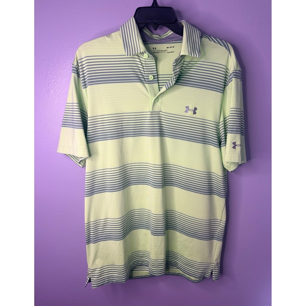 Under Armour Mens HeatGear Lime Green Gray Striped Golf Polo Shirt Medium